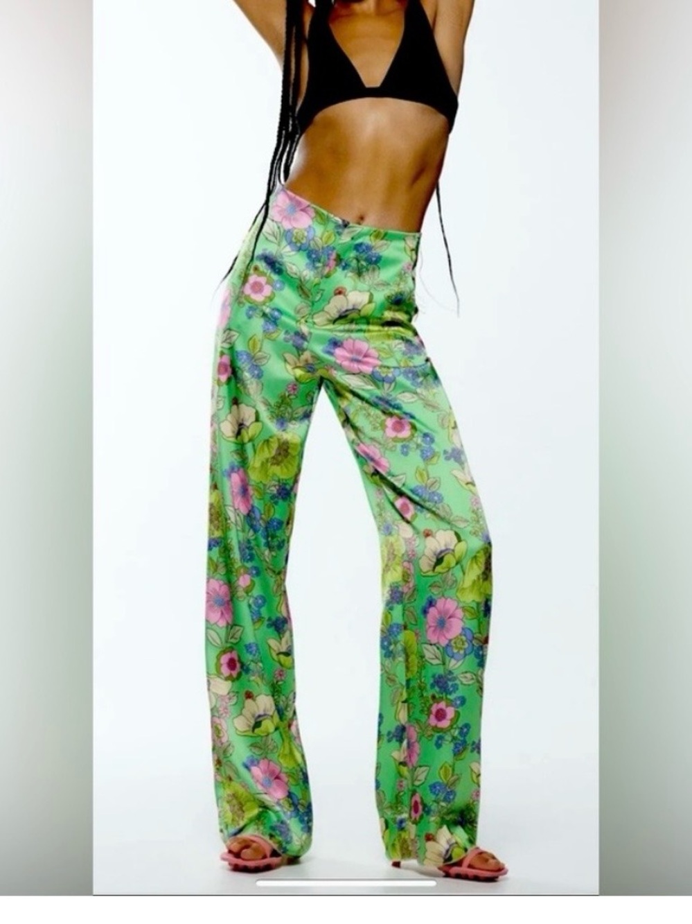Zara Green Floral Satin-Effect Wide-Leg Trousers with Pink & Blue Blooms